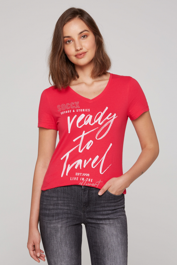 Soccx T-Shirt mit Wording Print und Schmucksteinen pinky red