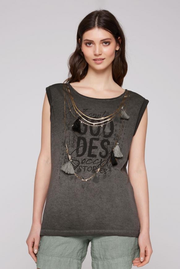 Ärmelloses Shirt mit Print und Quasten black