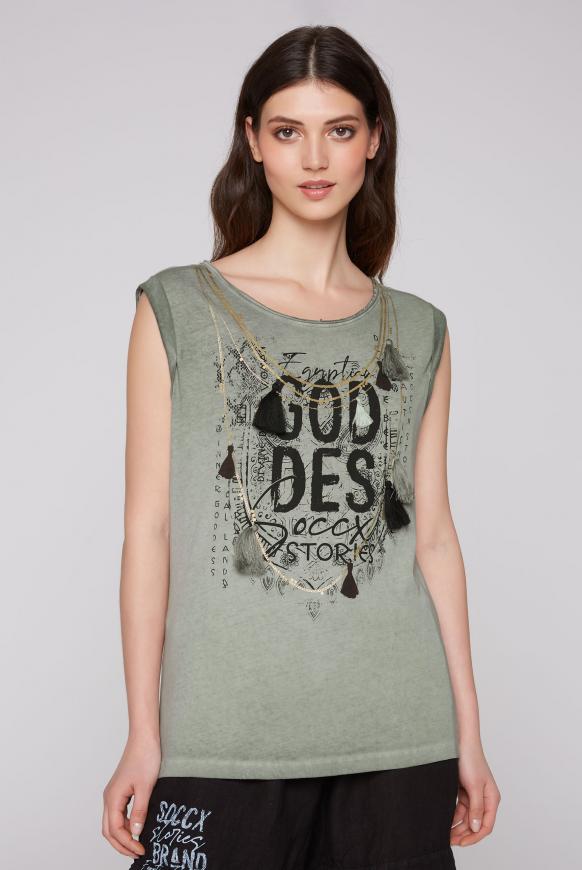 Ärmelloses Shirt mit Print und Quasten sage green