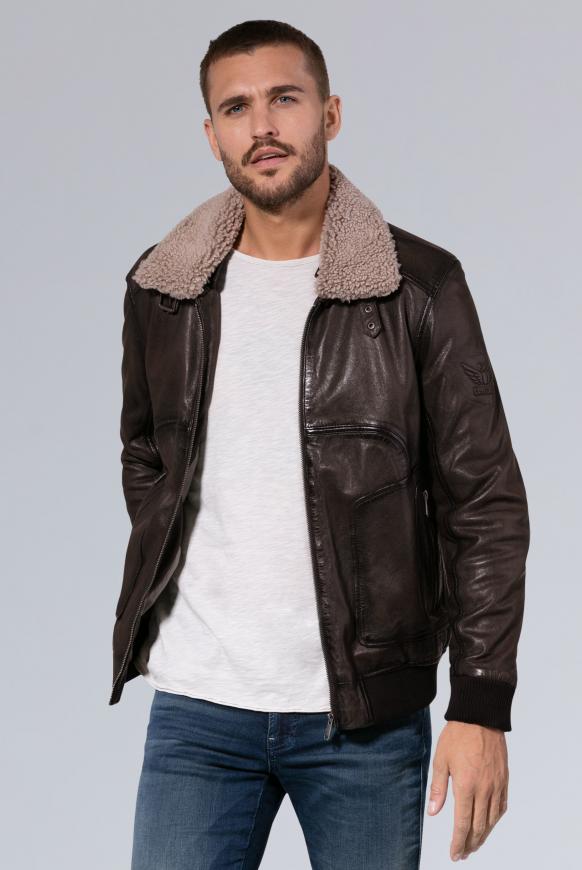 Aviator-Lederjacke mit Fake-Fur-Kragen