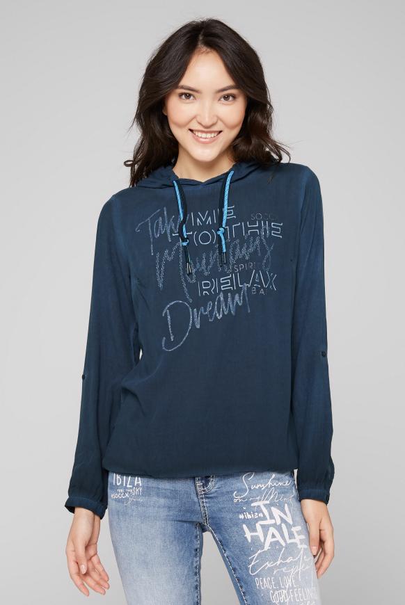 Bluse mit Kapuze und Wording Prints horizon navy