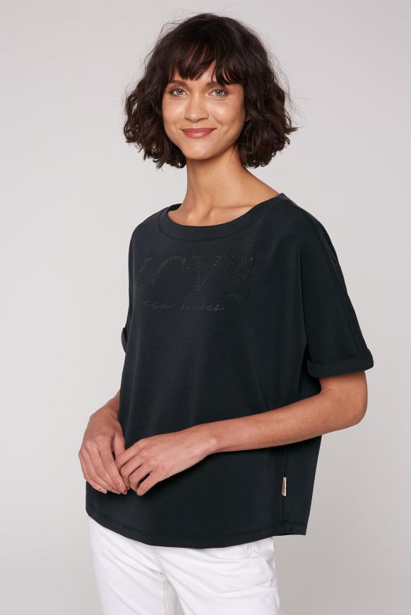 Boxy-Shirt mit Artwork aus Glitzersteinen