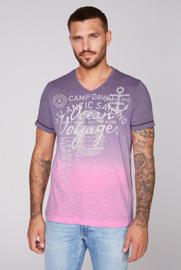 Dip Dye T-Shirt mit V-Neck und Print