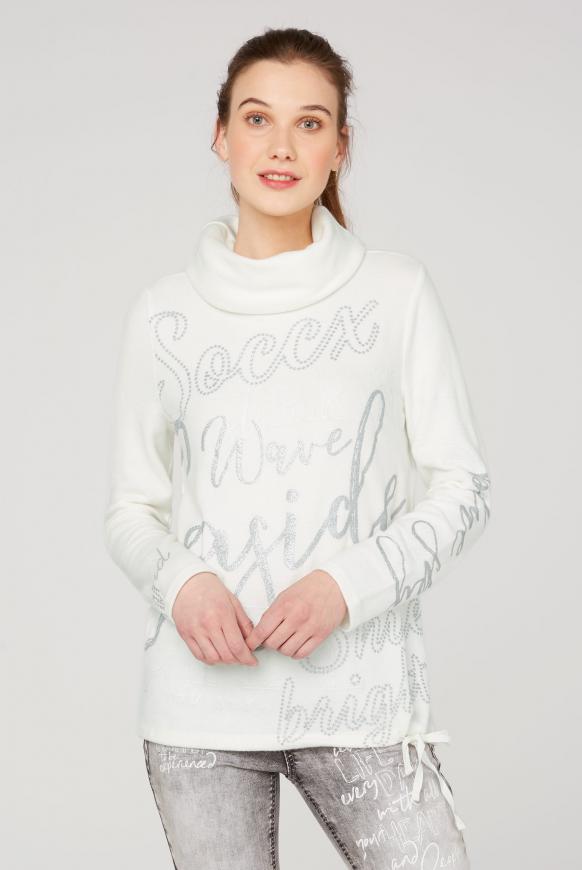 Fleece-Pullover mit hohem Kragen und Glitter Prints ivory