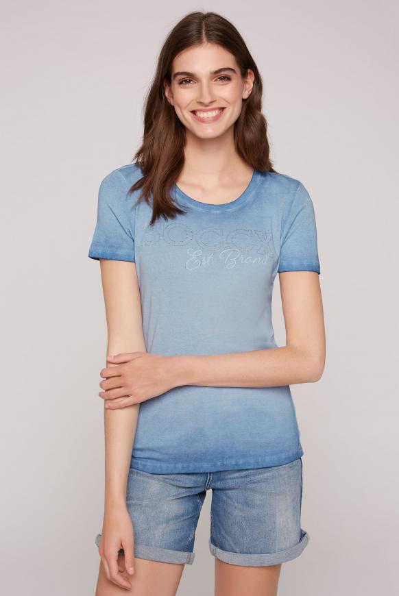Geripptes T-Shirt mit Logo aus Schmucksteinen wave blue