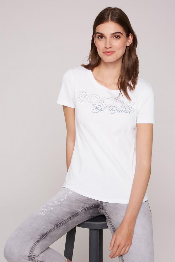 Geripptes T-Shirt mit Logo aus Schmucksteinen opticwhite