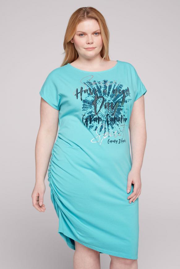 Jersey-Kleid mit seitlicher Raffung und Artwork lagoon blue