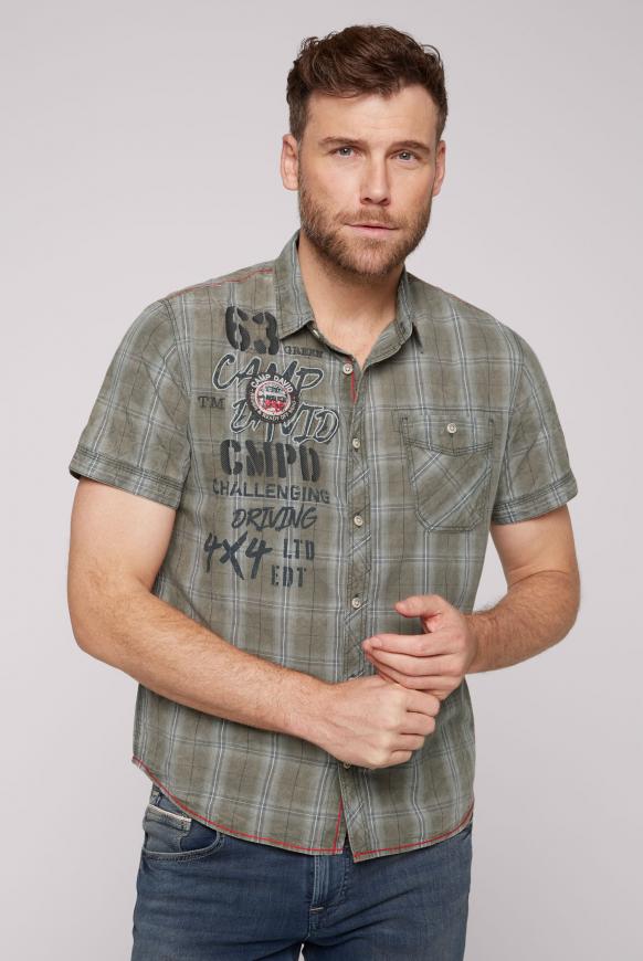 Karohemd Acid Washed mit Label-Applikationen khaki