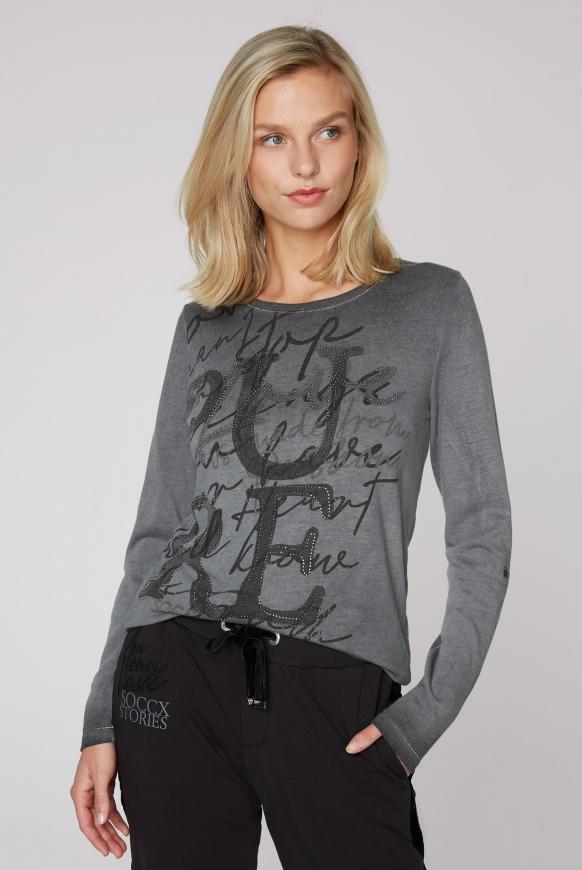 Langarmshirt mit Schriftzug und Glitzersteinen