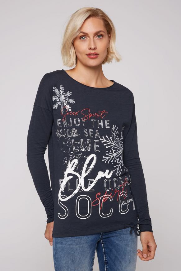 Langarmshirt mit Used-Kanten und Artwork polar night