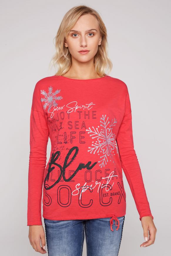 Langarmshirt mit Used-Kanten und Artwork red glow