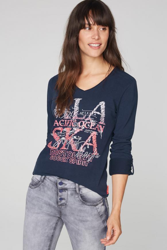 Langarmshirt mit Used-Kanten und Glitter Print