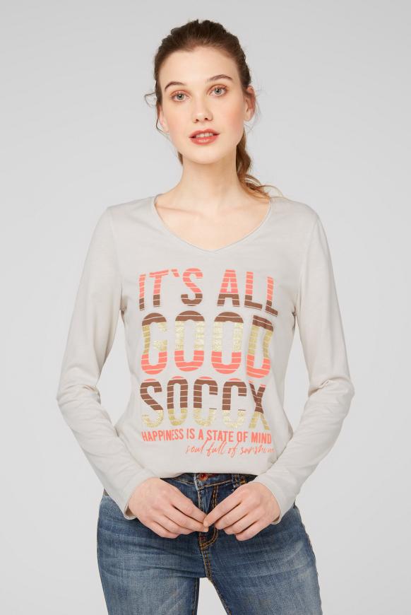 Langarmshirt mit Used-Kanten und Puff Print oatmilk