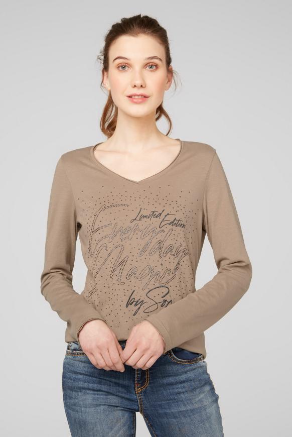 Langarmshirt mit Used-Kanten und Puff Print chestnut