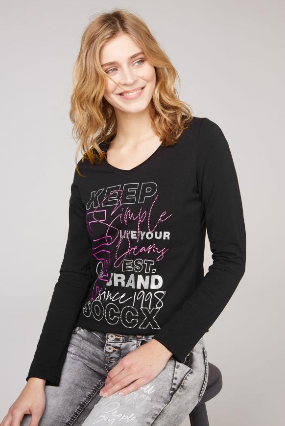 Langarmshirt mit V-Ausschnitt und Artwork