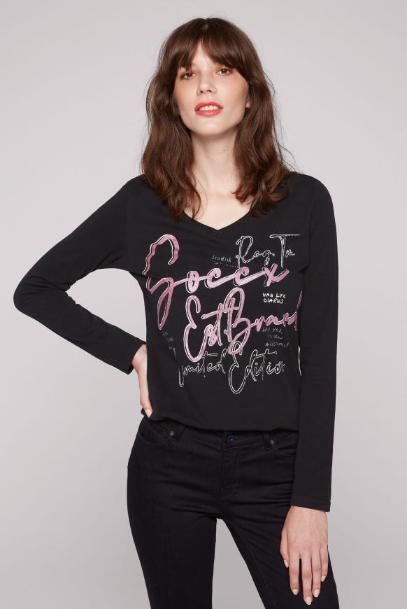 Langarmshirt mit V-Neck und Glitter Wording