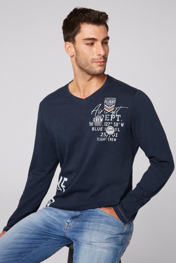 Langarmshirt mit V-Neck und Logo-Artworks