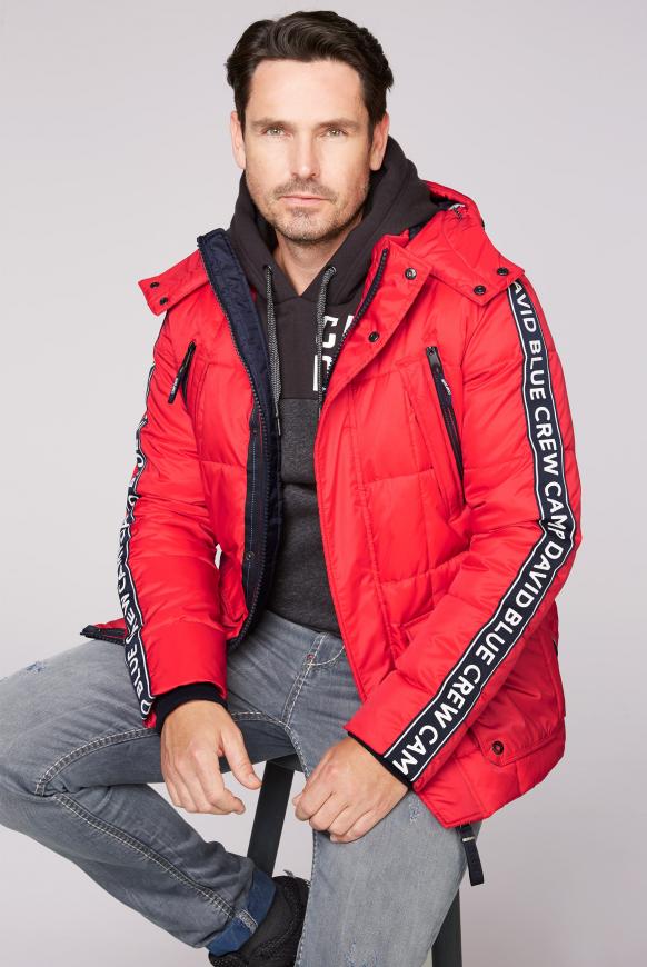 Lange Steppjacke mit Kapuze und Logo-Tapes