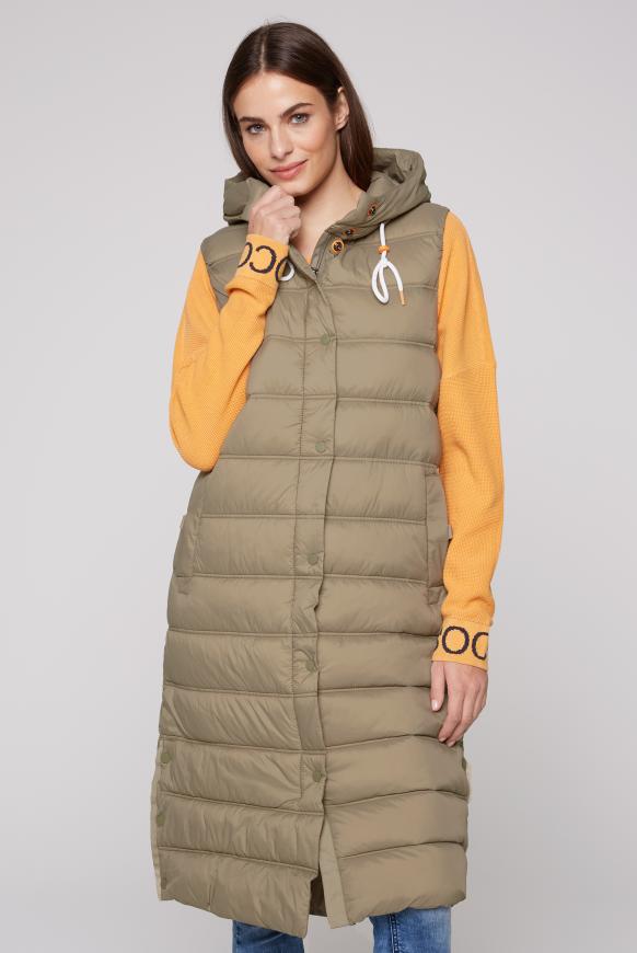 Lange Steppweste mit Kapuze und Rücken-Tape soft olive