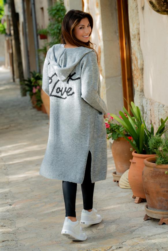 Langer Cardigan mit Kapuze und Logo dark ash melange