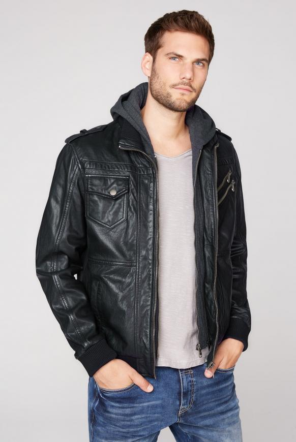 Lederjacke mit Taschen und Kapuzen-Einsatz