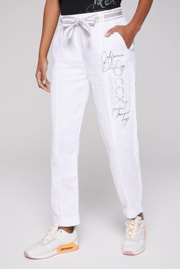 Leinenhose mit Bindegürtel und Logo Print opticwhite