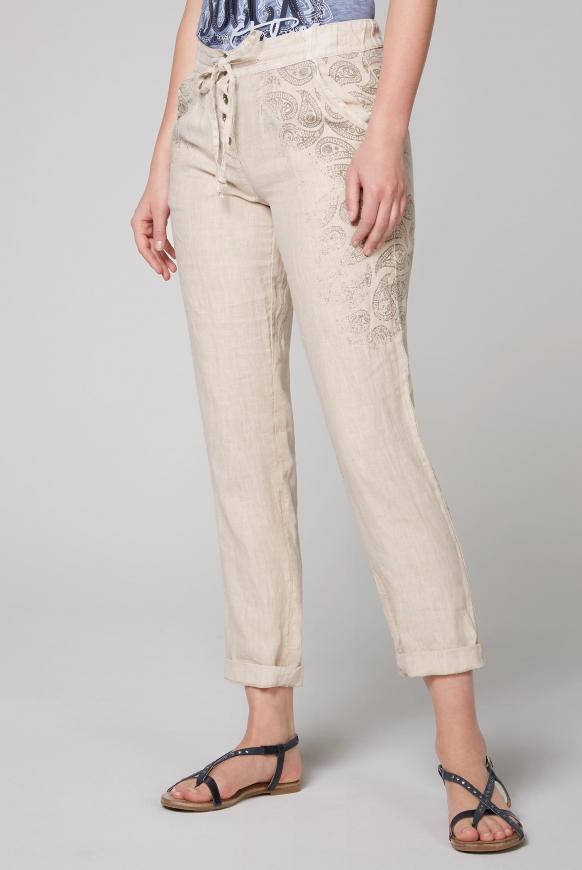 Leinenhose mit Print und Knopfleiste