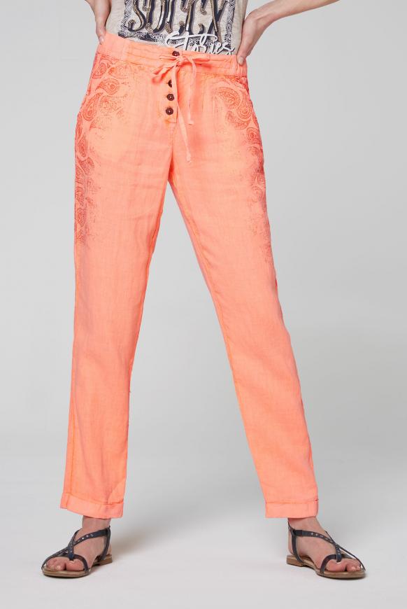 Leinenhose mit Print und Knopfleiste