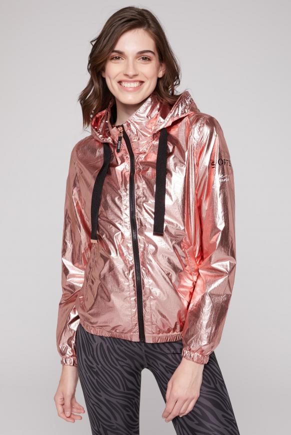 Metallic-Blouson mit Kapuze und Logo Prints steel rose