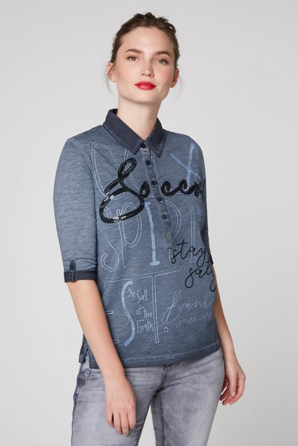Poloshirt im Materialmix mit Pailletten-Artwork