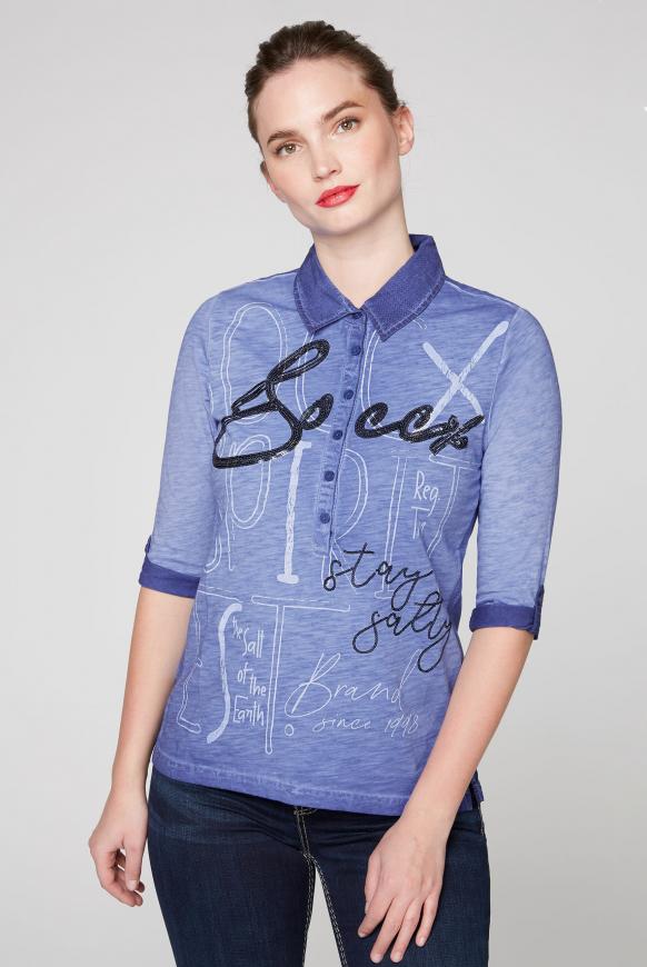 Poloshirt im Materialmix mit Pailletten-Artwork