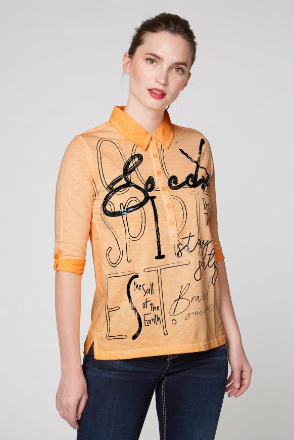 Poloshirt im Materialmix mit Pailletten-Artwork