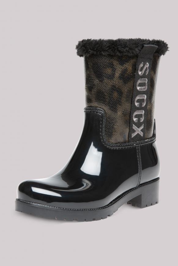 Regenstiefel mit Logo-Tape und Fake Fur
