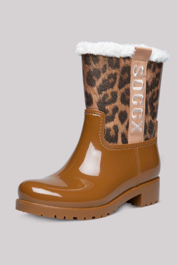 Regenstiefel mit Logo-Tape und Fake Fur