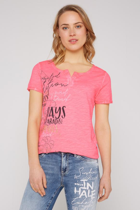 Serafino-Shirt mit Mesh-Details und Print tropical pink