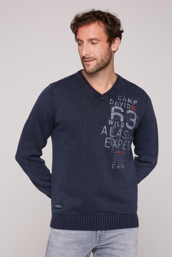 Stone Washed Pullover mit V-Neck deep sea