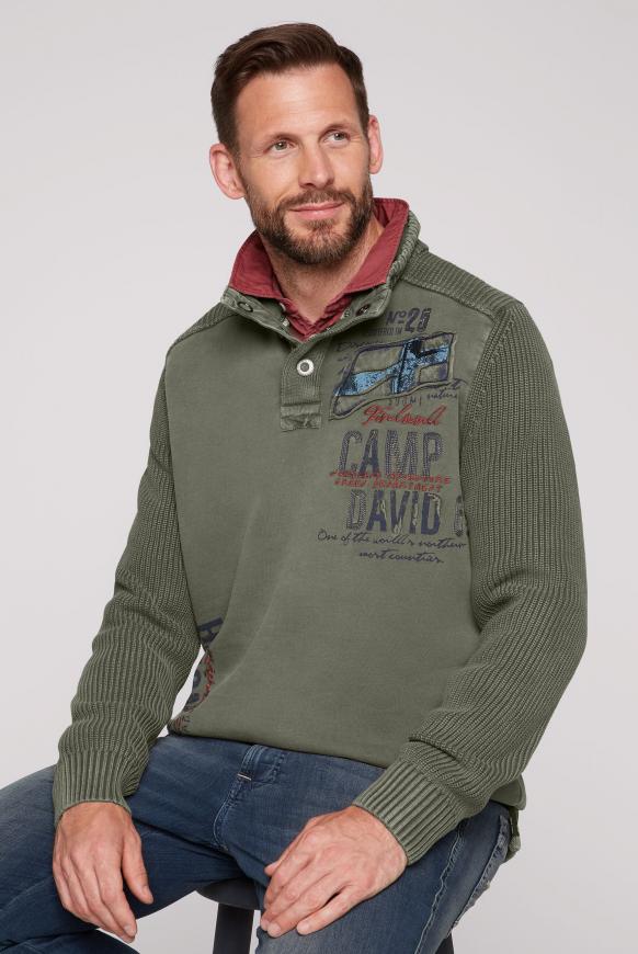 Stone Washed Troyer-Pullover im Materialmix medium khaki