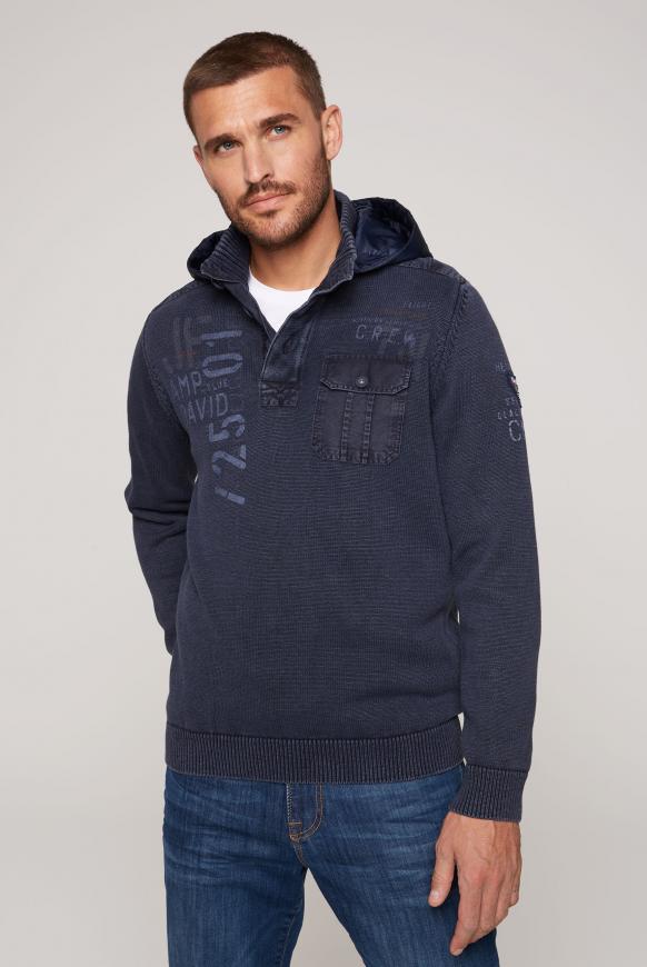 Stone Washed Troyer-Pullover mit Kapuze deep sea