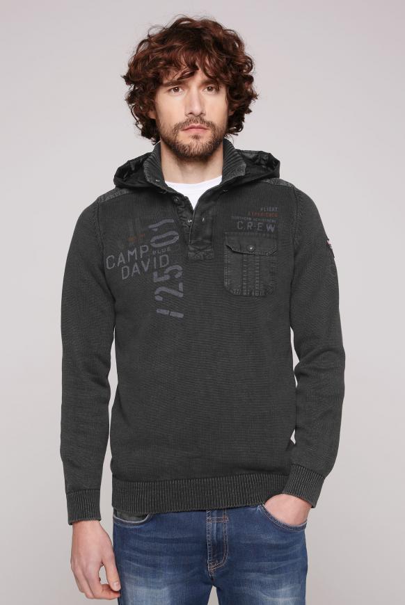 Stone Washed Troyer-Pullover mit Kapuze black