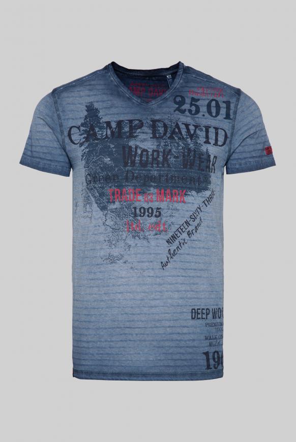 Camp David Soccx Streifenshirt Mit V Neck Und Label Prints Blue Grey