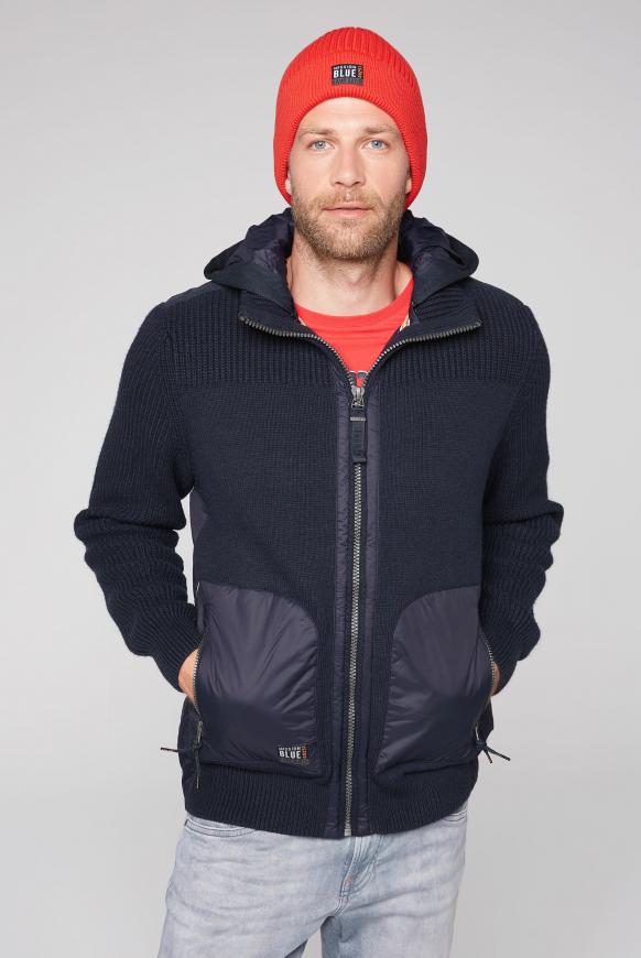 Strickjacke mit Kapuze im Materialmix