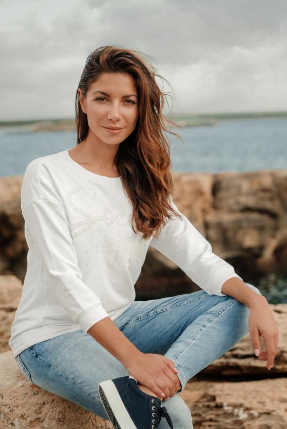 Sweatshirt mit 3/4-Arm und Pailletten-Logo opticwhite