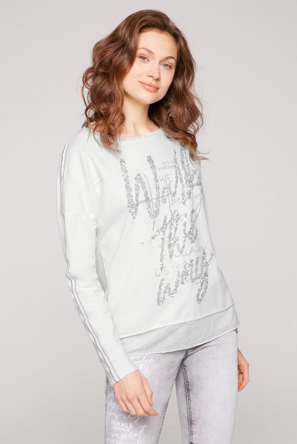 Sweatshirt mit Pailletten-Wording und Tapes ivory