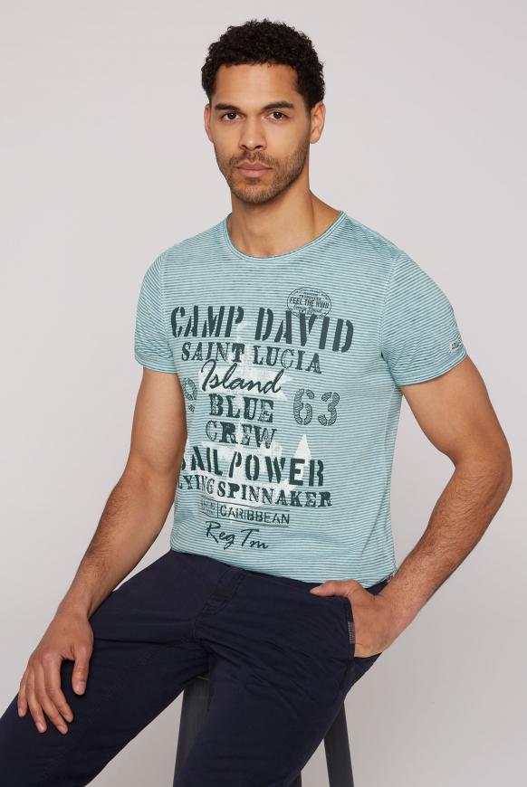T-Shirt mit Ausbrenner-Streifen und Print coast blue