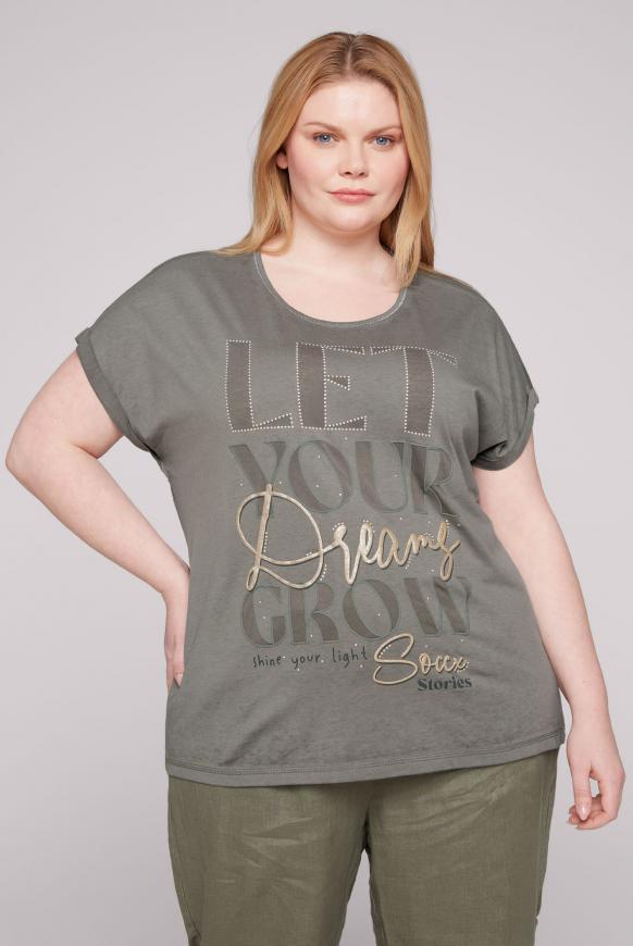 T-Shirt mit Glitter Print und Schmucksteinen desert olive