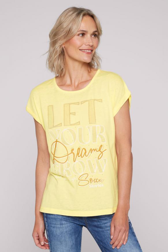 T-Shirt mit Glitter Print und Schmucksteinen faded yellow