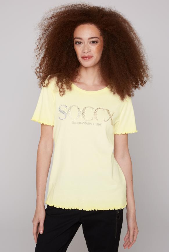 T-Shirt mit Logo aus bunten Schmucksteinen faded yellow