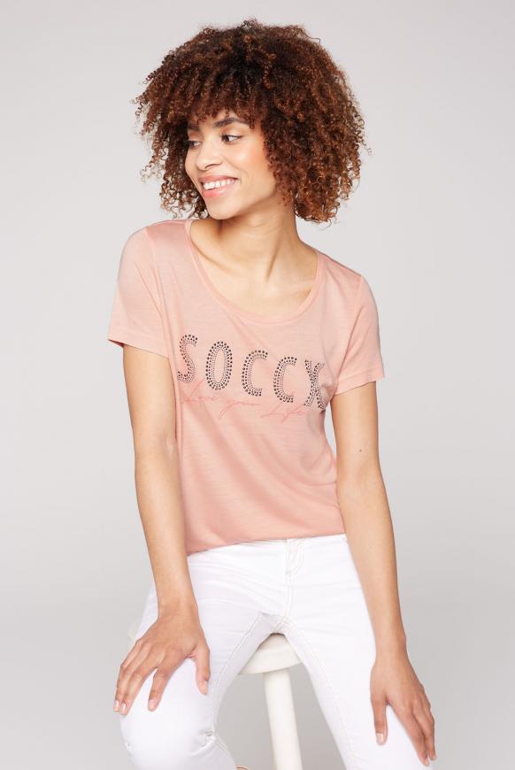 T-Shirt mit Logo aus Glitzersteinen rose
