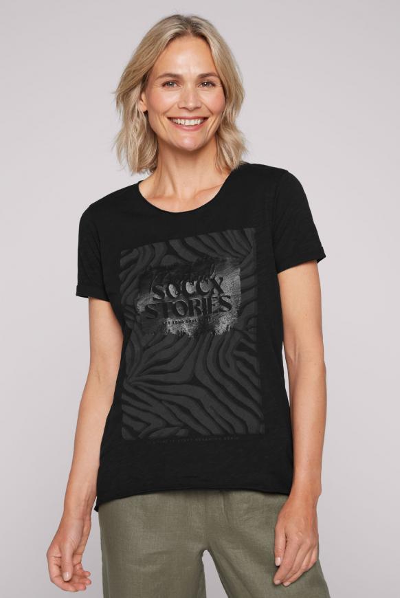 T-Shirt mit Print Artwork und Used-Kanten black