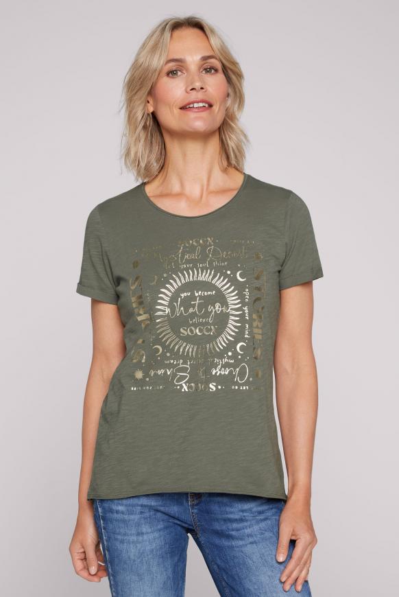T-Shirt mit Print Artwork und Used-Kanten desert olive